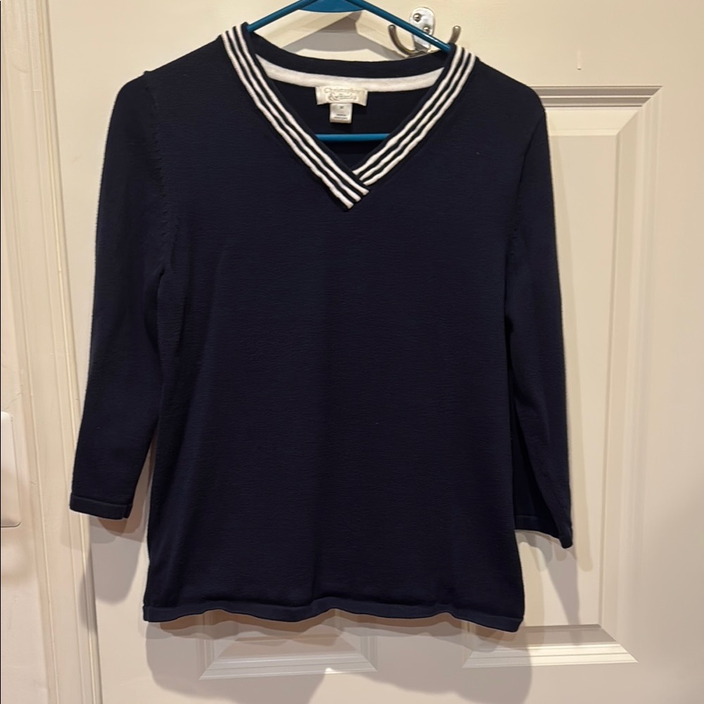 Christopher & Banks Women’s Navy V-Neck Top with Striped Collar, size Medium